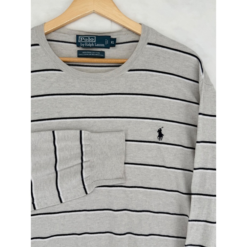 Vintage Polo Ralph Lauren Sweater Men's XL Gray Black Striped 100% Pima Cotton